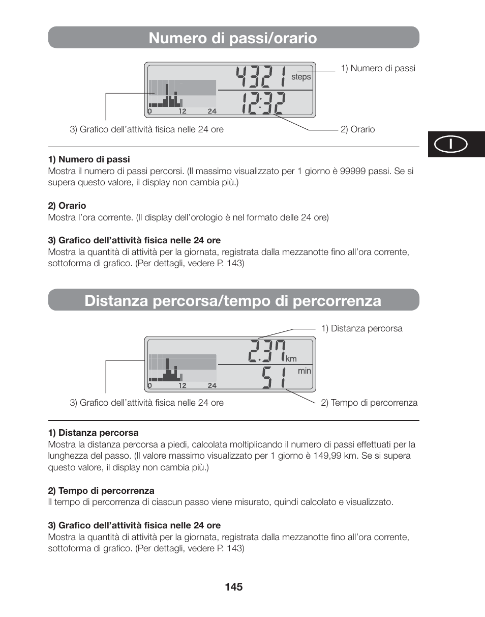 Numero di passi/orario, Distanza percorsa/tempo di percorrenza | Tanita AM-120E User Manual | Page 145 / 216