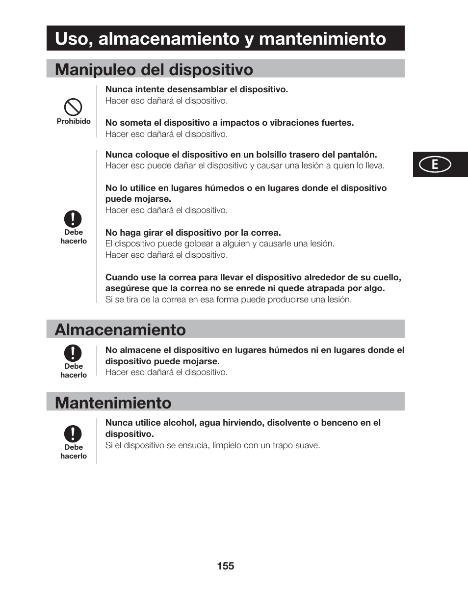 Uso, almacenamiento y mantenimiento, Manipuleo del dispositivo, Almacenamiento | Mantenimiento | Tanita AM-120E User Manual | Page 155 / 216