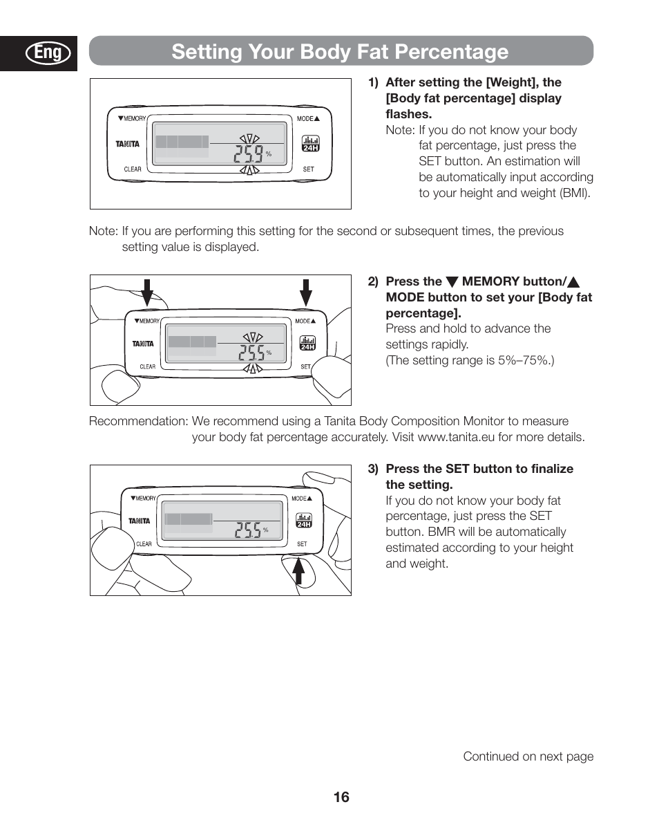 Setting your body fat percentage | Tanita AM-120E User Manual | Page 16 / 216