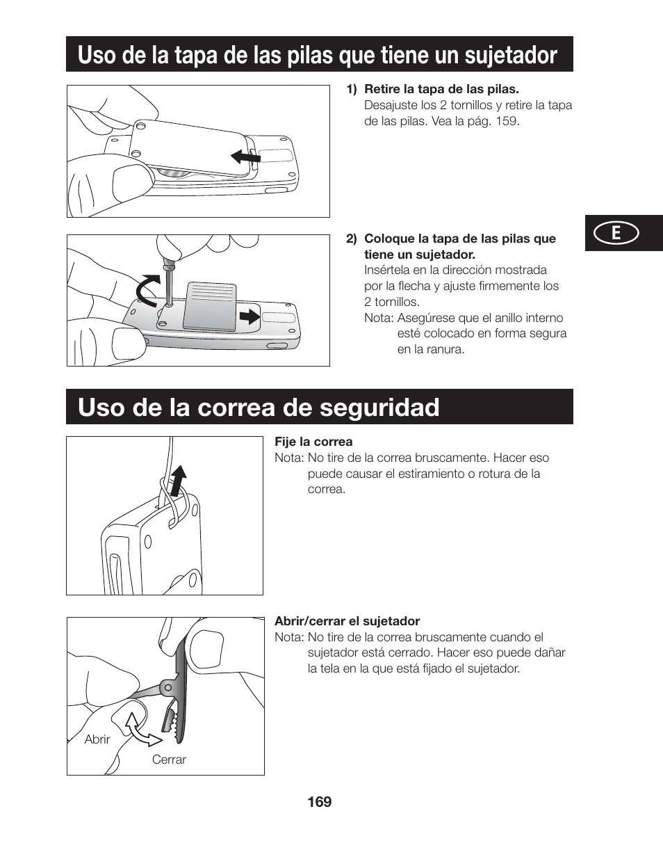 Uso de la tapa de las pilas que tiene un sujetador, Uso de la correa de seguridad | Tanita AM-120E User Manual | Page 169 / 216