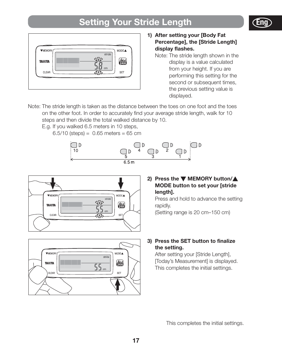 Setting your stride length | Tanita AM-120E User Manual | Page 17 / 216