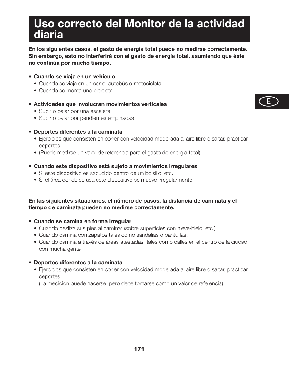 Uso correcto del monitor de la actividad diaria | Tanita AM-120E User Manual | Page 171 / 216