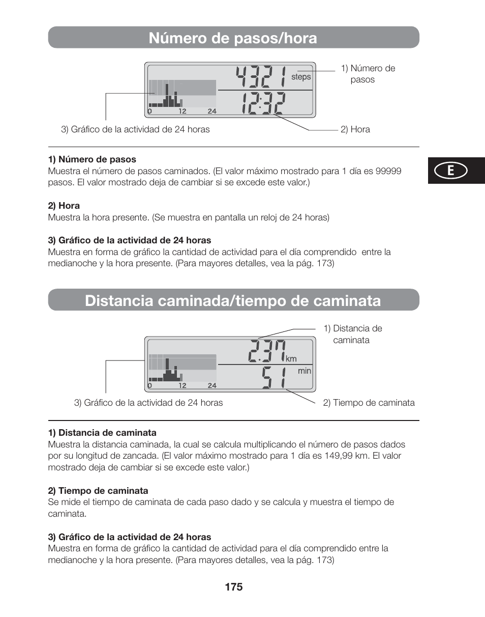 Número de pasos/hora, Distancia caminada/tiempo de caminata | Tanita AM-120E User Manual | Page 175 / 216