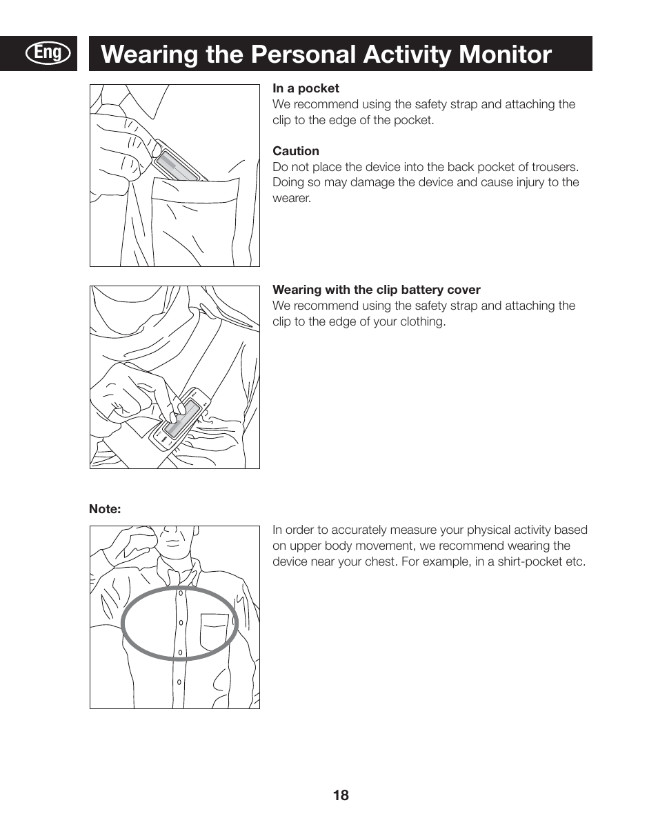 Wearing the personal activity monitor | Tanita AM-120E User Manual | Page 18 / 216