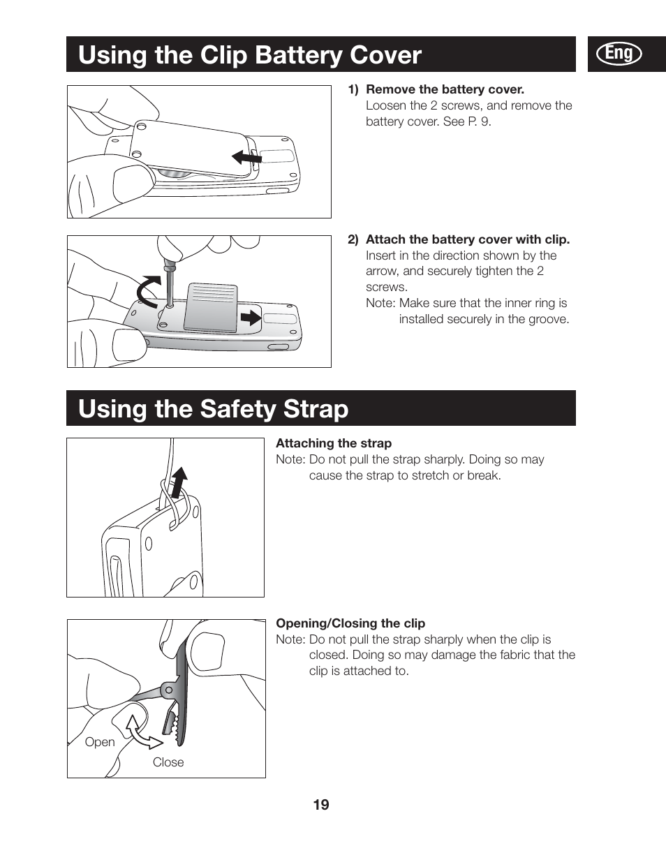 Using the clip battery cover, Using the safety strap | Tanita AM-120E User Manual | Page 19 / 216