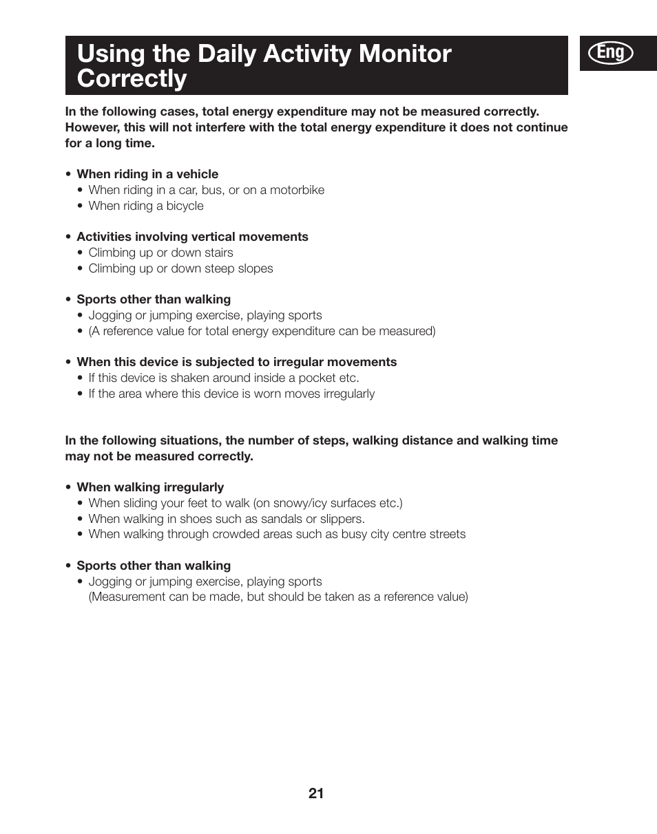 Using the daily activity monitor correctly | Tanita AM-120E User Manual | Page 21 / 216