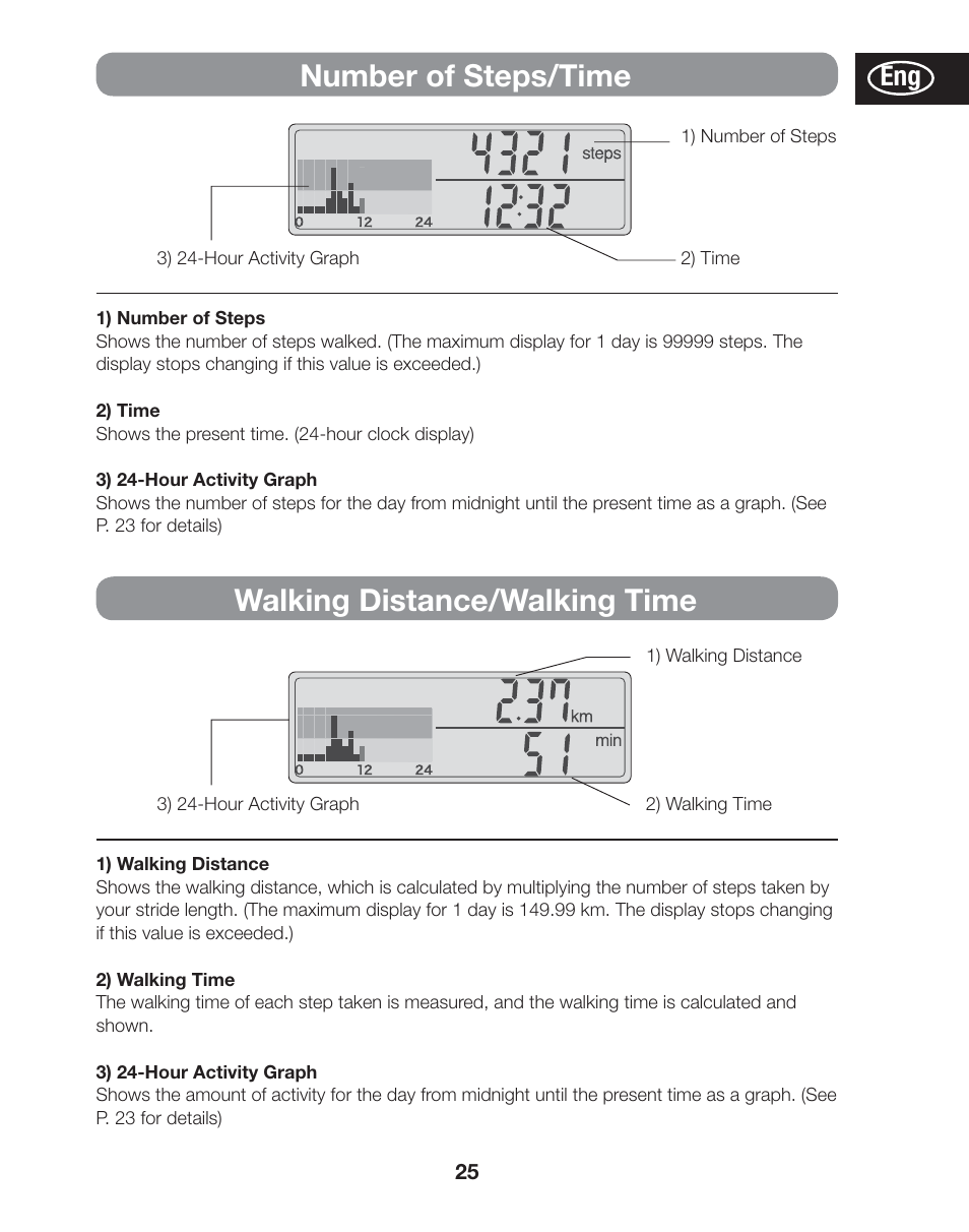 Number of steps/time, Walking distance/walking time | Tanita AM-120E User Manual | Page 25 / 216
