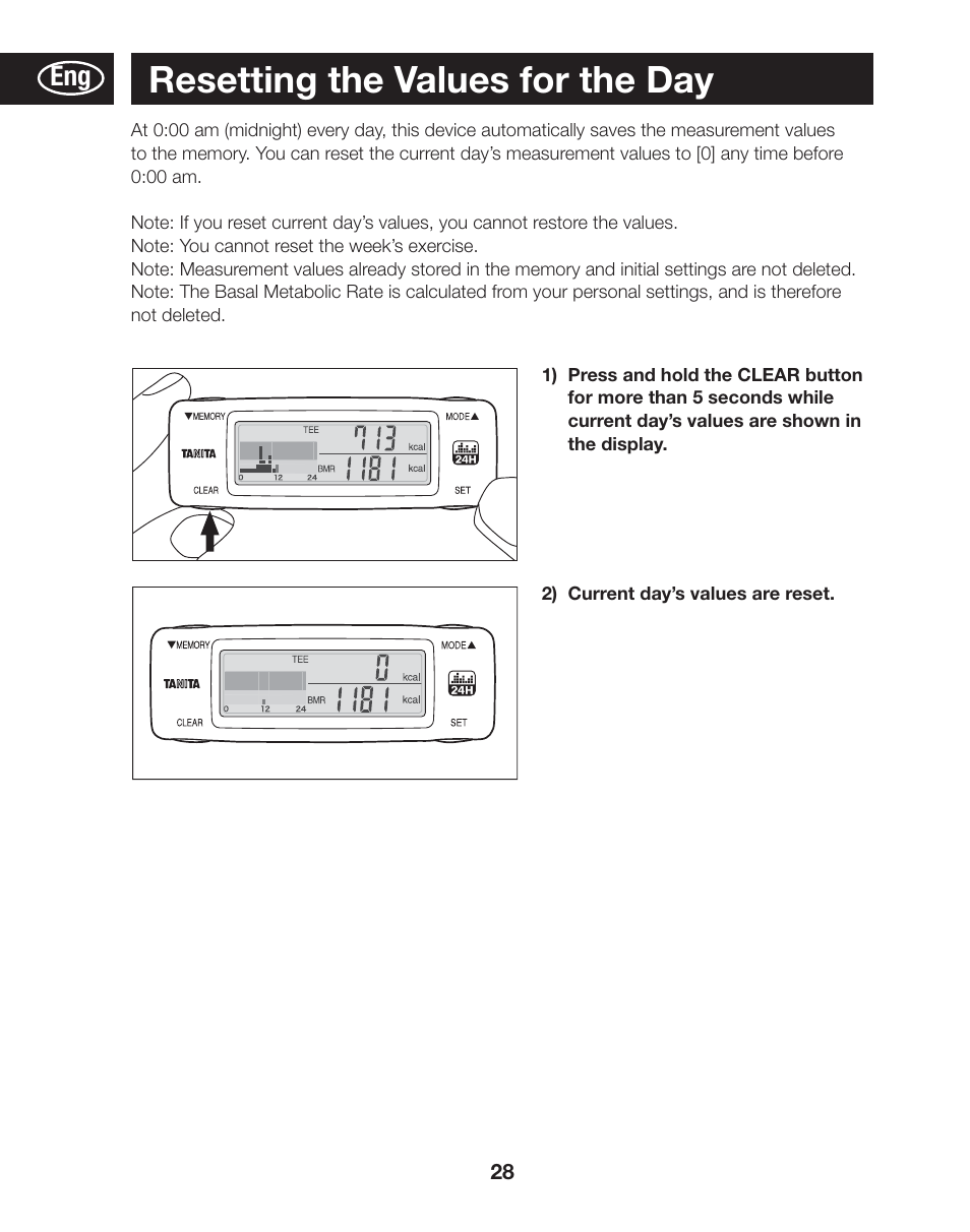 Resetting the values for the day | Tanita AM-120E User Manual | Page 28 / 216