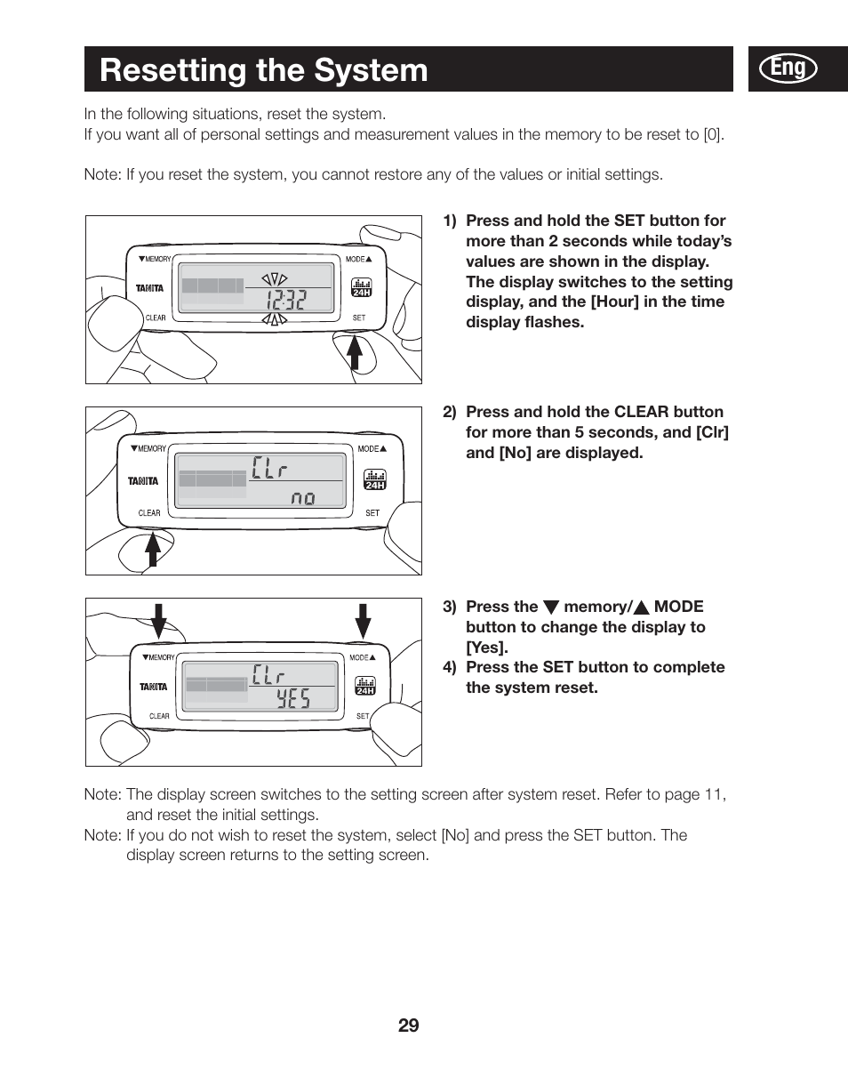 Resetting the system | Tanita AM-120E User Manual | Page 29 / 216