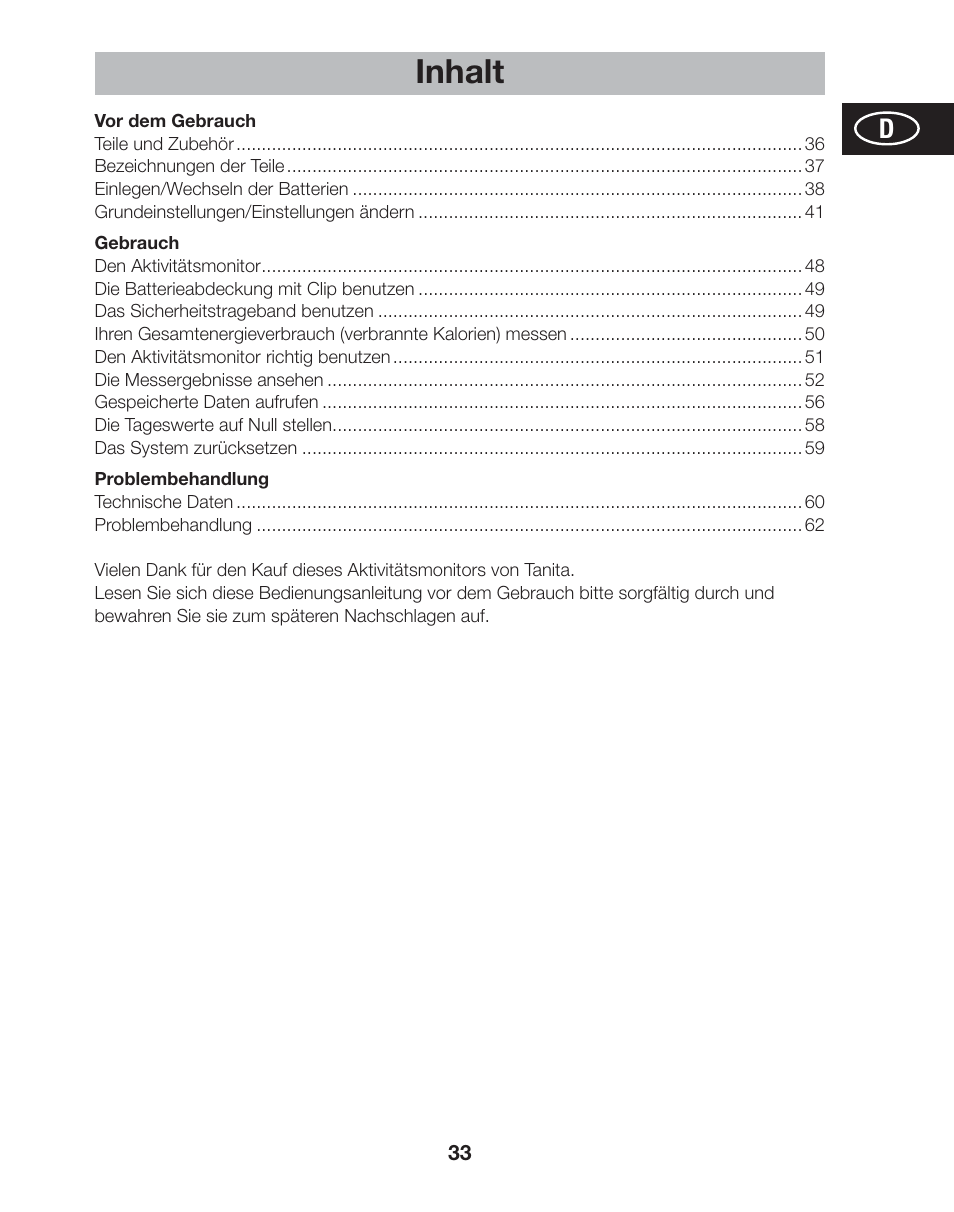 Inhalt | Tanita AM-120E User Manual | Page 33 / 216