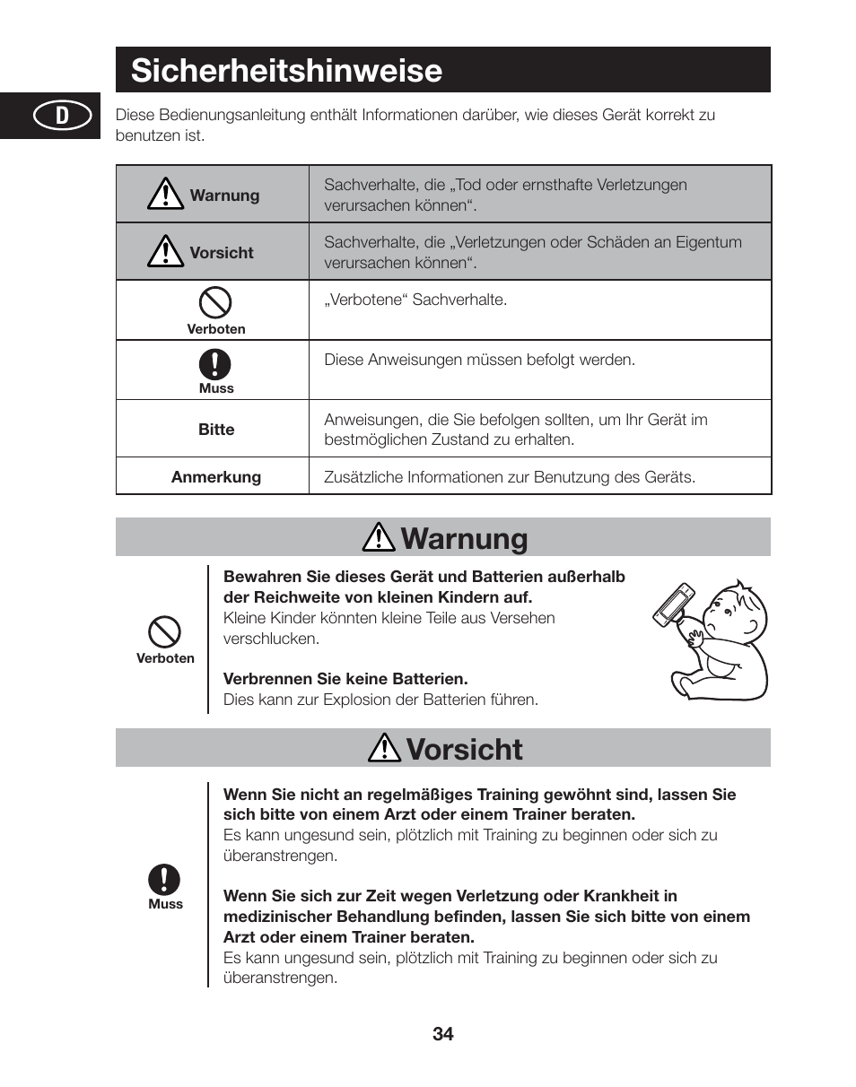 Sicherheitshinweise, Warnung, Vorsicht | Tanita AM-120E User Manual | Page 34 / 216