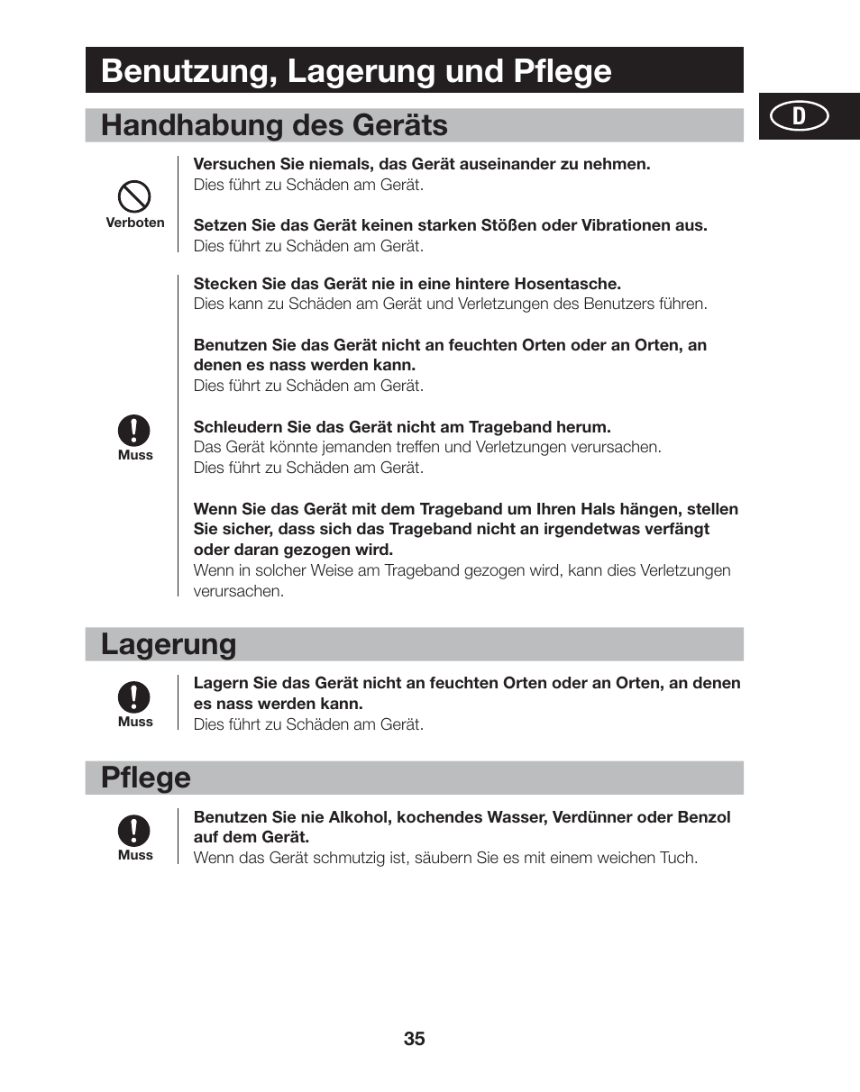 Benutzung, lagerung und pflege, Handhabung des geräts, Lagerung | Pflege | Tanita AM-120E User Manual | Page 35 / 216