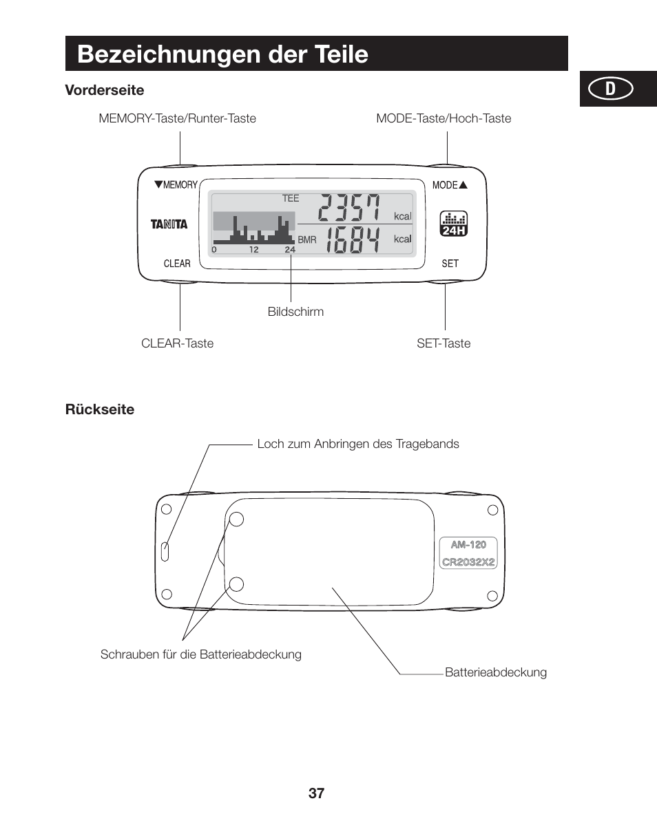 Bezeichnungen der teile | Tanita AM-120E User Manual | Page 37 / 216