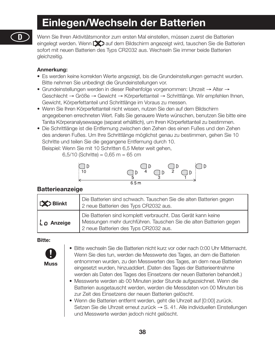 Einlegen/wechseln der batterien | Tanita AM-120E User Manual | Page 38 / 216