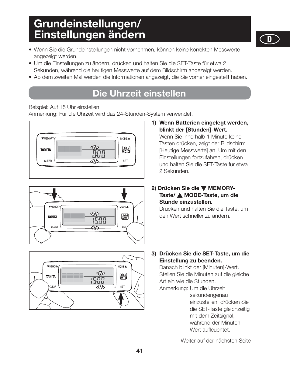 Grundeinstellungen/ einstellungen ändern, Die uhrzeit einstellen | Tanita AM-120E User Manual | Page 41 / 216