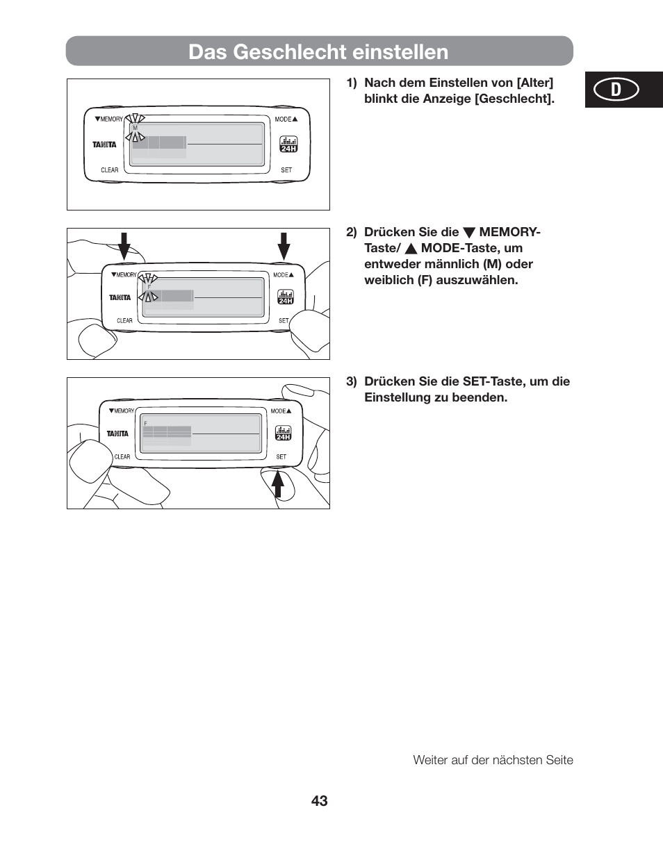Das geschlecht einstellen | Tanita AM-120E User Manual | Page 43 / 216