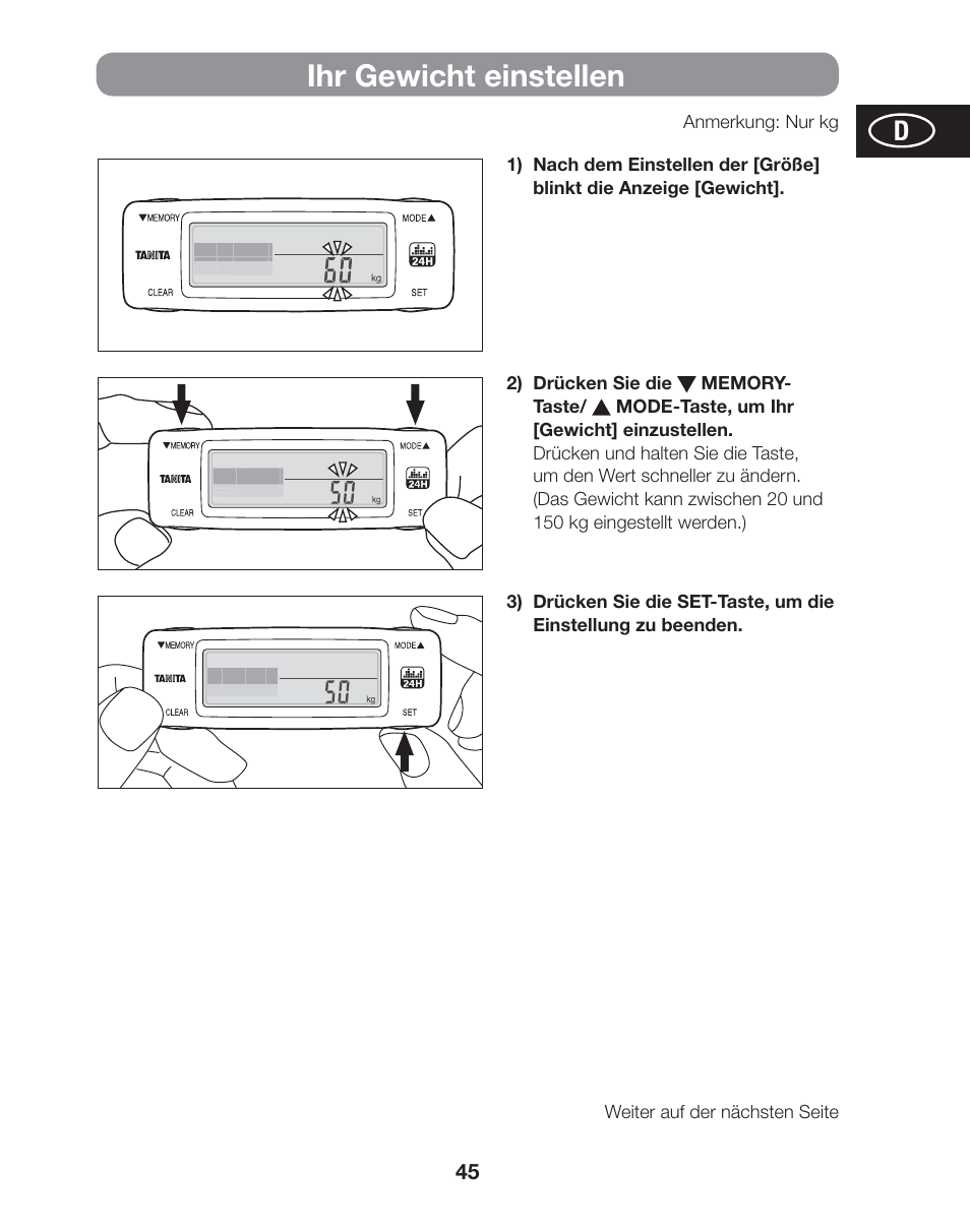 Ihr gewicht einstellen | Tanita AM-120E User Manual | Page 45 / 216