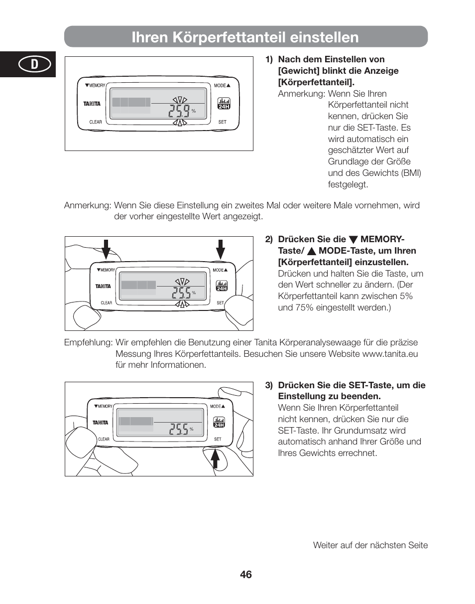Ihren körperfettanteil einstellen | Tanita AM-120E User Manual | Page 46 / 216