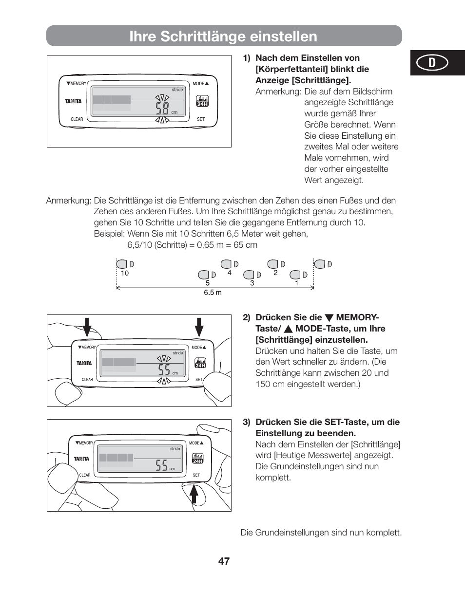 Ihre schrittlänge einstellen | Tanita AM-120E User Manual | Page 47 / 216