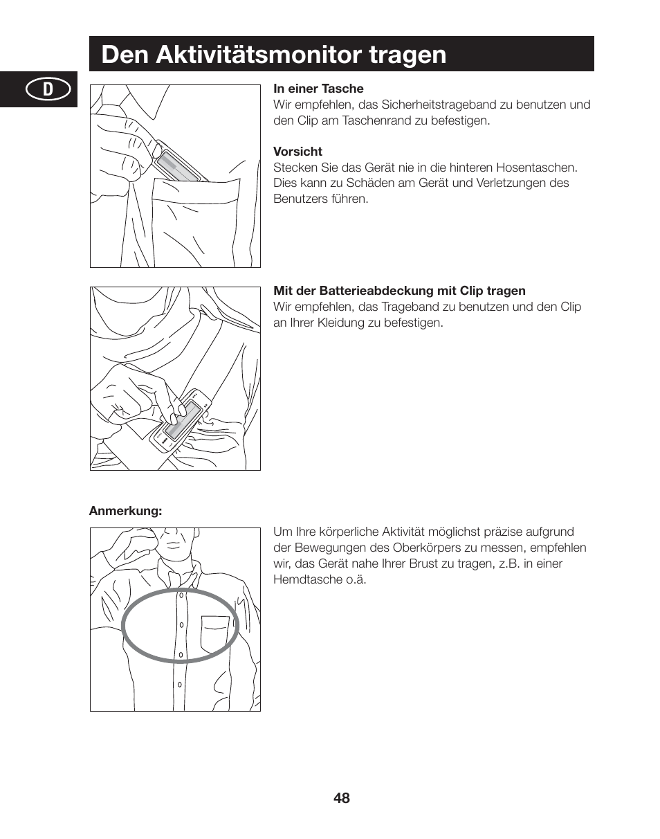Den aktivitätsmonitor tragen | Tanita AM-120E User Manual | Page 48 / 216