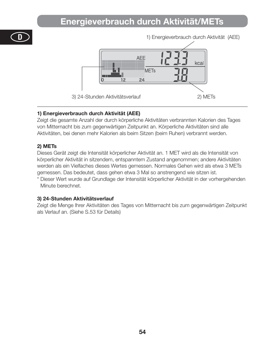 Energieverbrauch durch aktivität/mets | Tanita AM-120E User Manual | Page 54 / 216