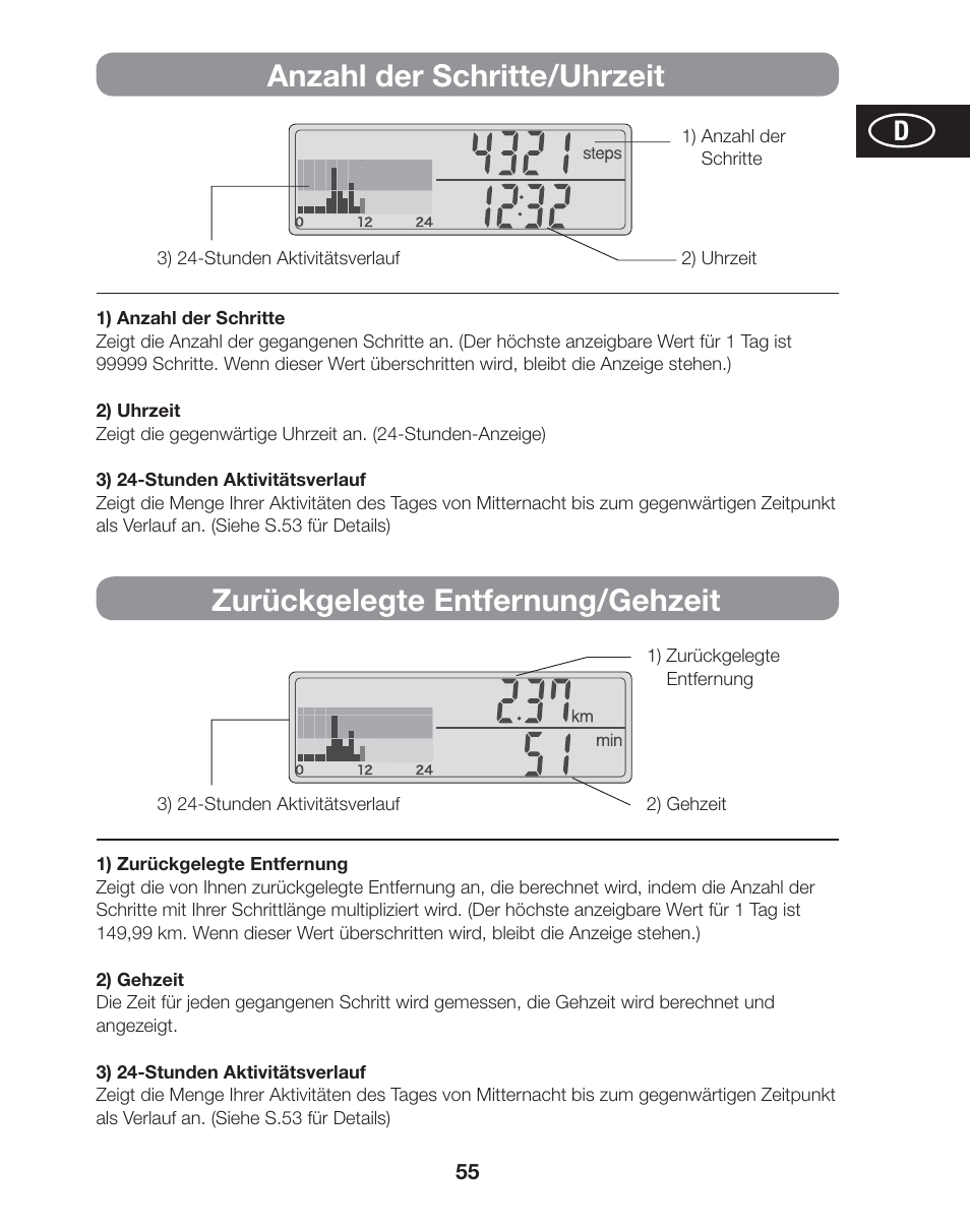 Anzahl der schritte/uhrzeit, Zurückgelegte entfernung/gehzeit | Tanita AM-120E User Manual | Page 55 / 216