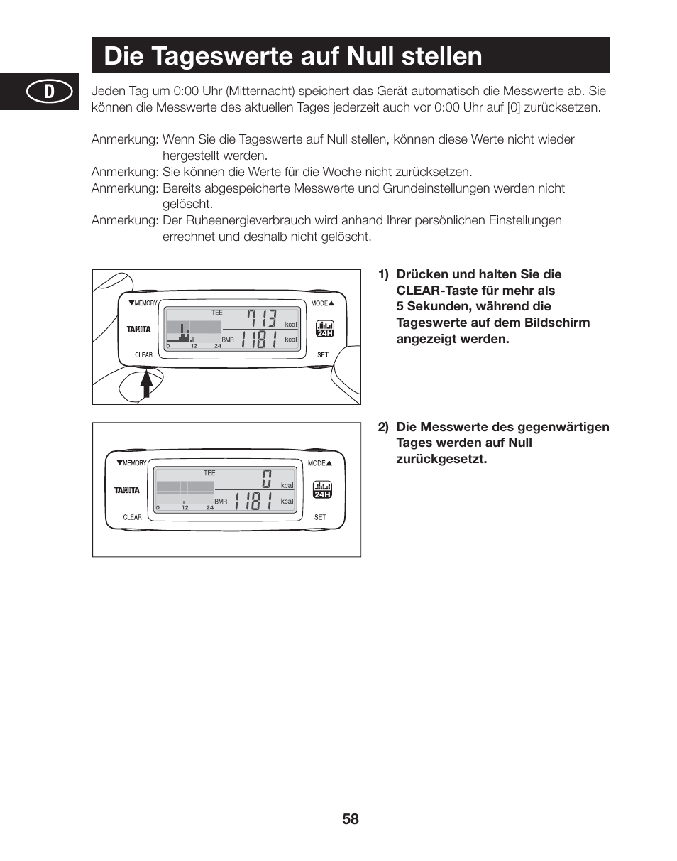 Die tageswerte auf null stellen | Tanita AM-120E User Manual | Page 58 / 216