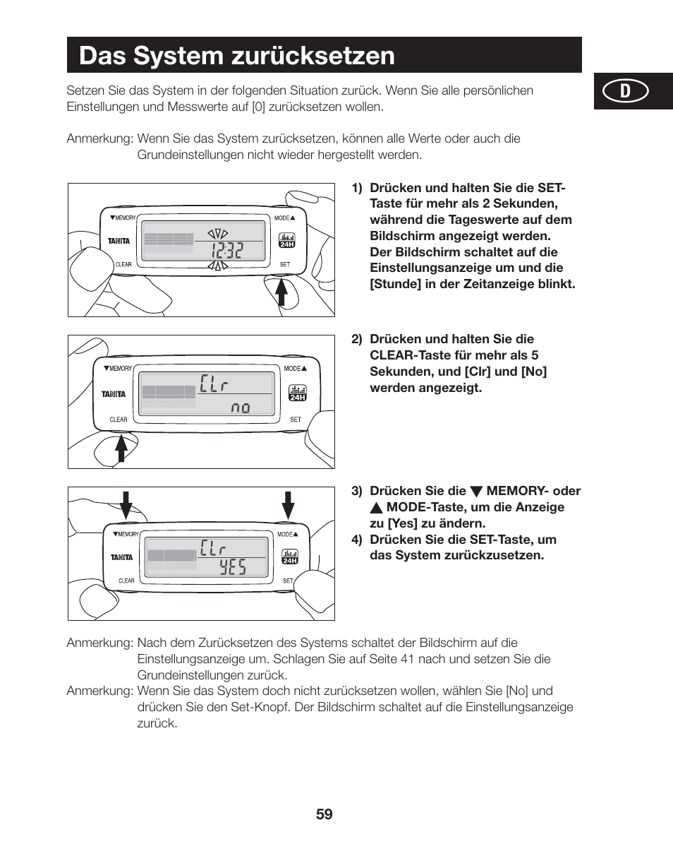 Das system zurücksetzen | Tanita AM-120E User Manual | Page 59 / 216