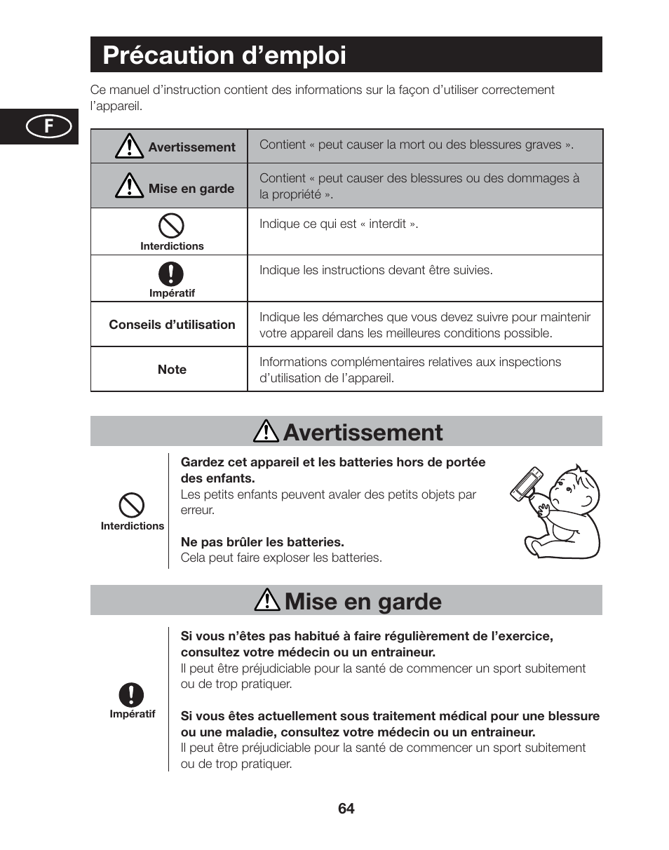 Précaution d’emploi, Avertissement, Mise en garde | Tanita AM-120E User Manual | Page 64 / 216