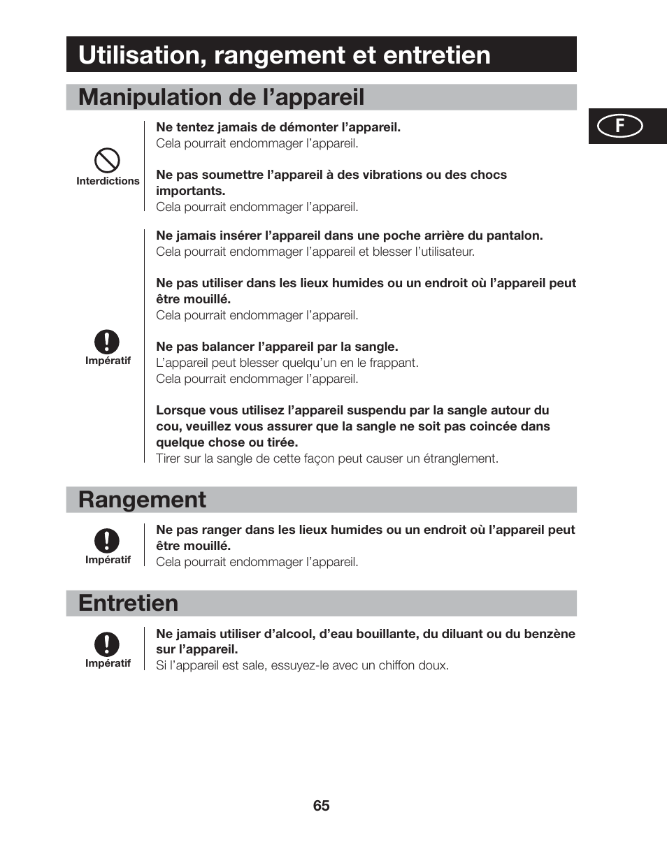 Utilisation, rangement et entretien, Manipulation de l’appareil, Rangement | Entretien | Tanita AM-120E User Manual | Page 65 / 216