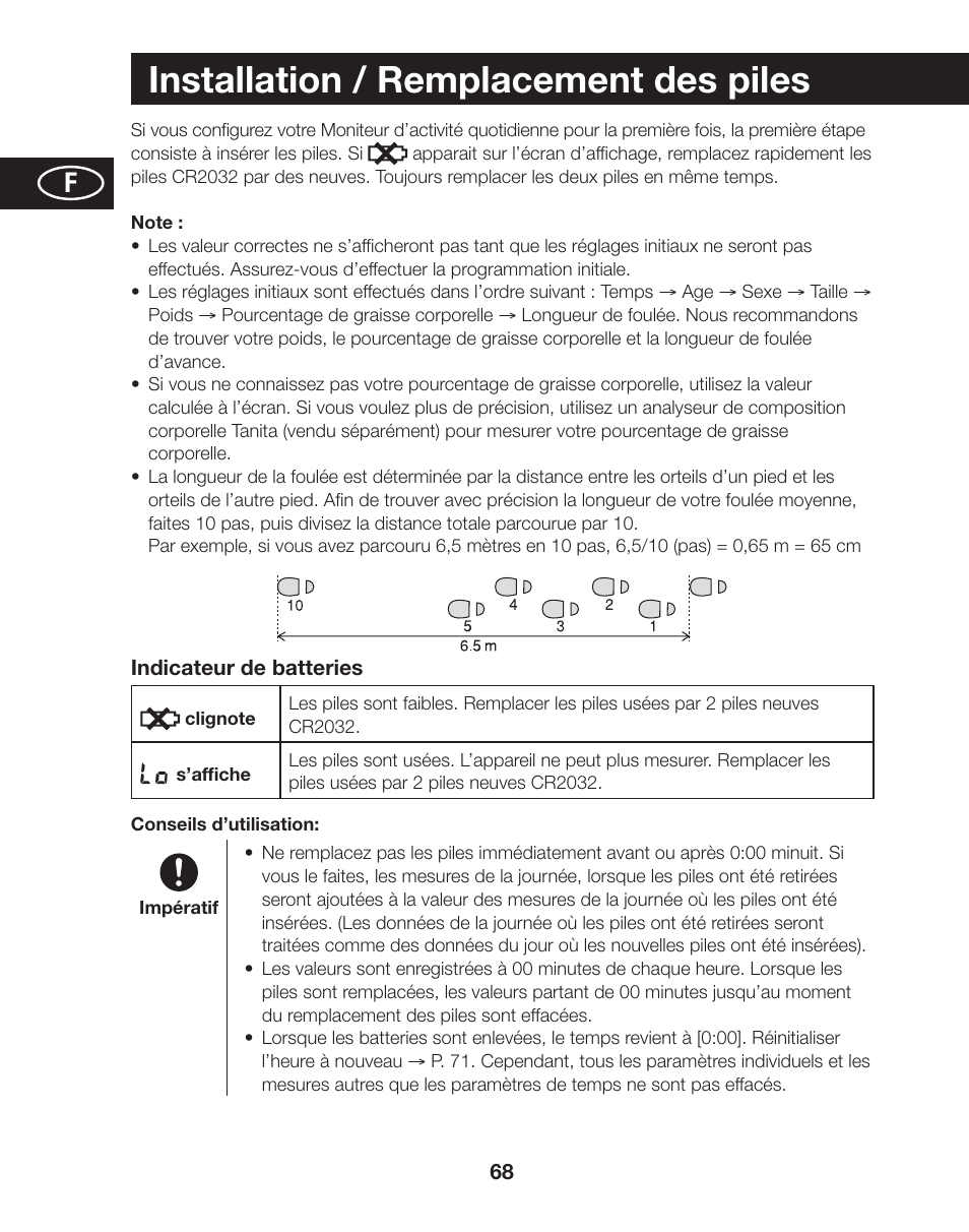 Installation / remplacement des piles | Tanita AM-120E User Manual | Page 68 / 216