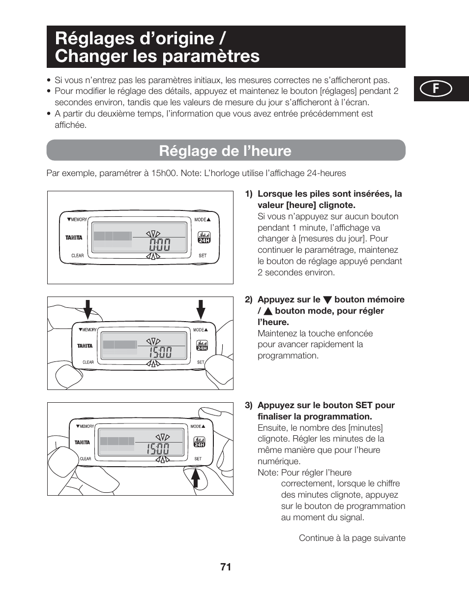 Réglages d’origine / changer les paramètres, Réglage de l’heure | Tanita AM-120E User Manual | Page 71 / 216