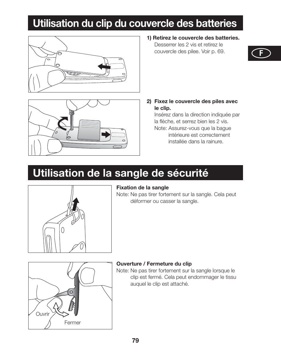 Utilisation du clip du couvercle des batteries, Utilisation de la sangle de sécurité | Tanita AM-120E User Manual | Page 79 / 216