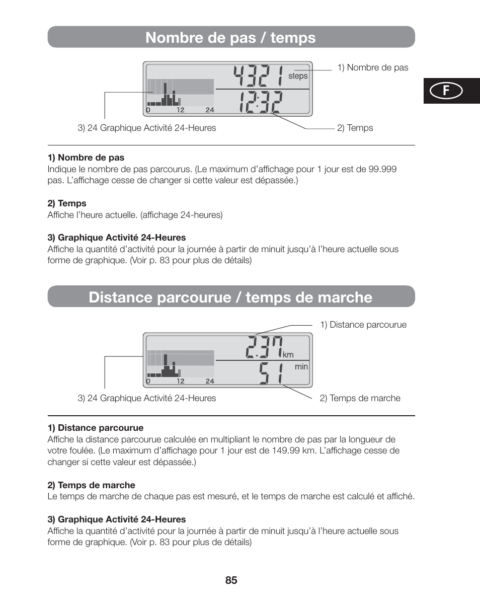 Nombre de pas / temps, Distance parcourue / temps de marche | Tanita AM-120E User Manual | Page 85 / 216