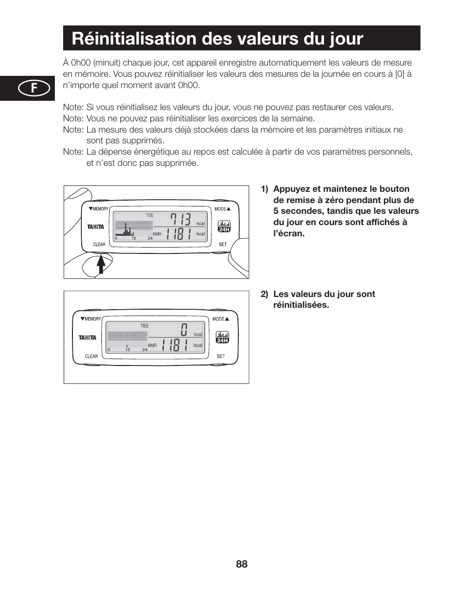 Réinitialisation des valeurs du jour | Tanita AM-120E User Manual | Page 88 / 216