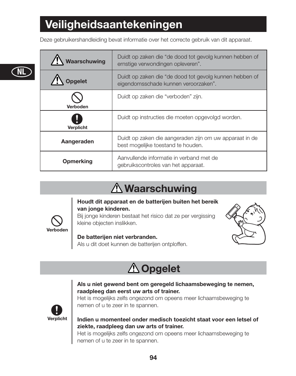Veiligheidsaantekeningen, Waarschuwing, Opgelet | Tanita AM-120E User Manual | Page 94 / 216