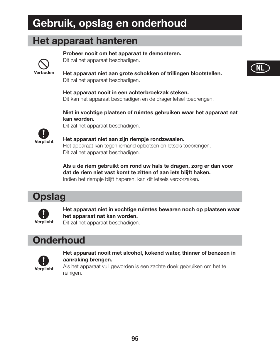 Gebruik, opslag en onderhoud, Het apparaat hanteren, Opslag | Onderhoud | Tanita AM-120E User Manual | Page 95 / 216