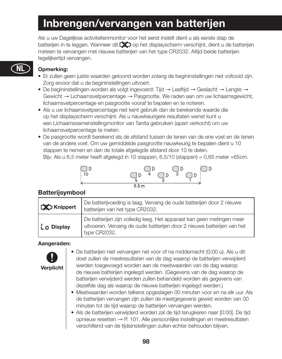 Inbrengen/vervangen van batterijen | Tanita AM-120E User Manual | Page 98 / 216