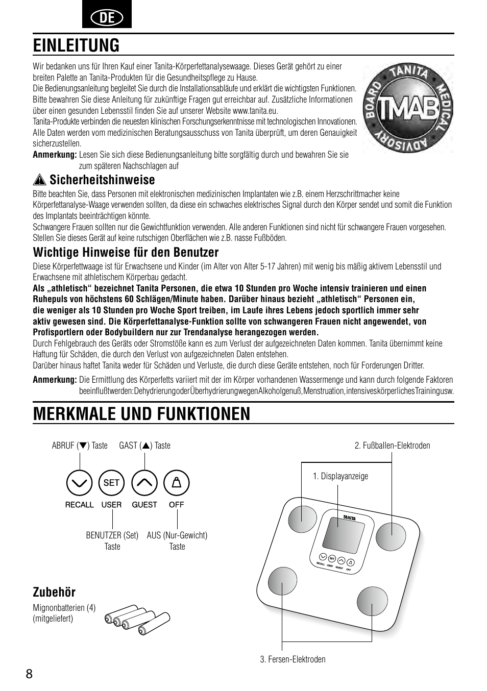 Einleitung merkmale und funktionen, Sicherheitshinweise, Wichtige hinweise für den benutzer | Zubehör | Tanita BC-730 User Manual | Page 10 / 52
