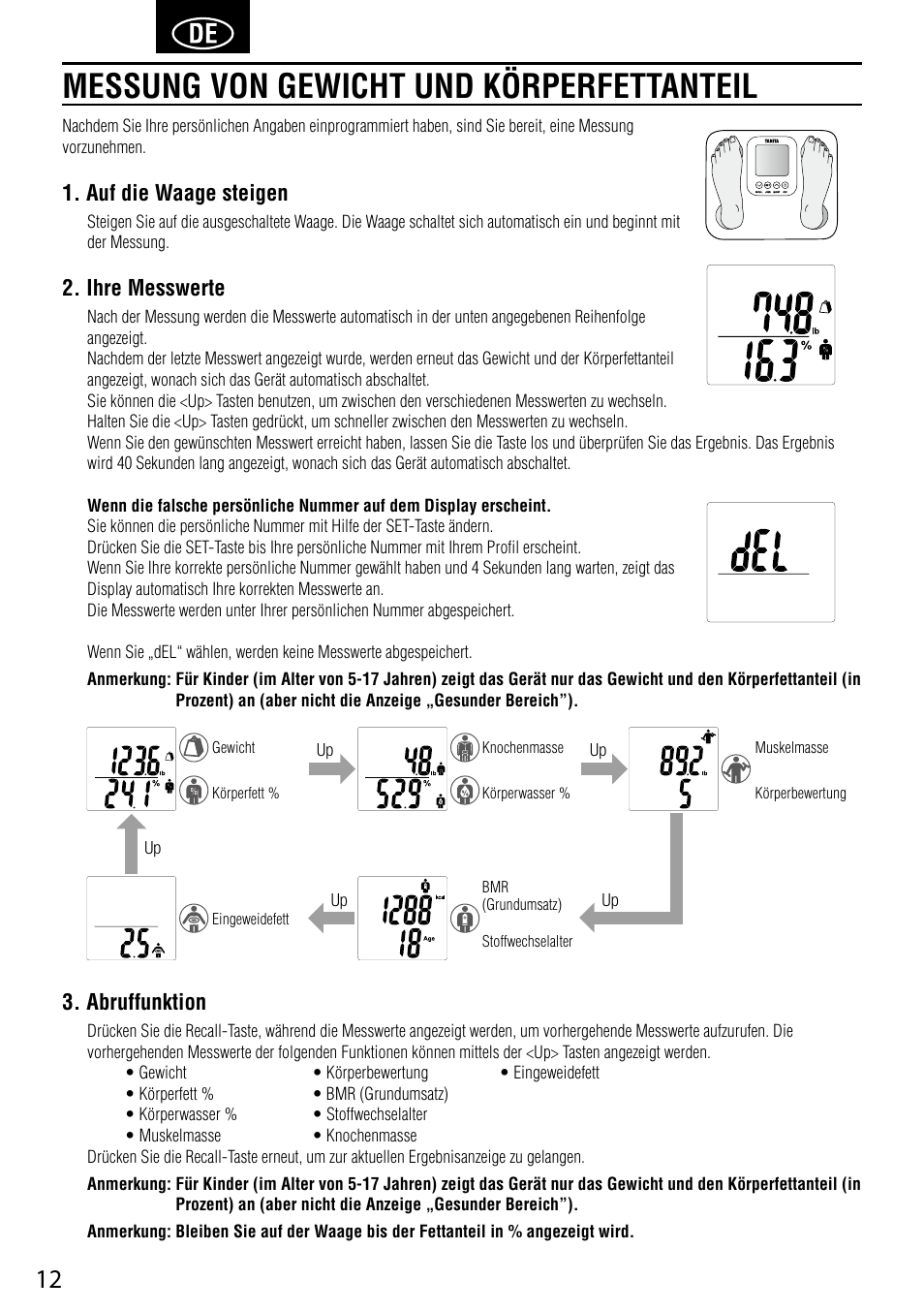 Messung von gewicht und körperfettanteil, Auf die waage steigen, Ihre messwerte | Abruffunktion | Tanita BC-730 User Manual | Page 14 / 52