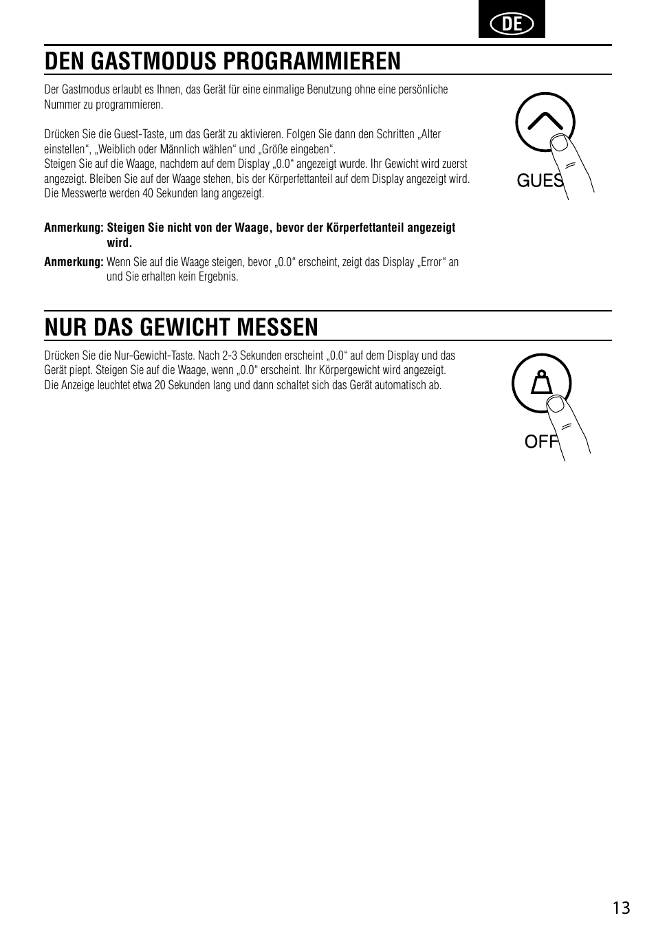Den gastmodus programmieren, Nur das gewicht messen | Tanita BC-730 User Manual | Page 15 / 52