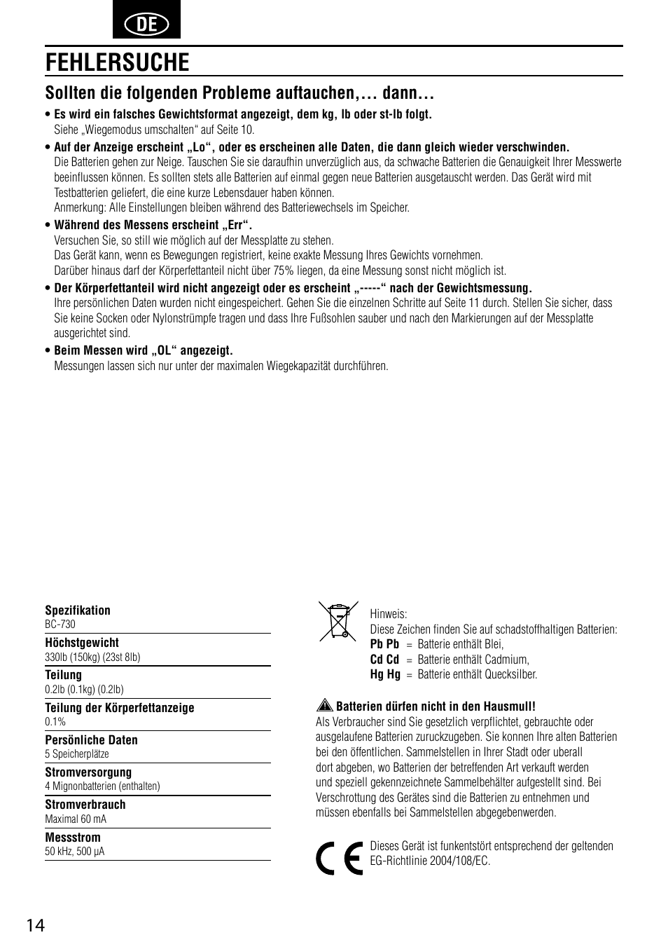 Fehlersuche, Sollten die folgenden probleme auftauchen,... dann | Tanita BC-730 User Manual | Page 16 / 52