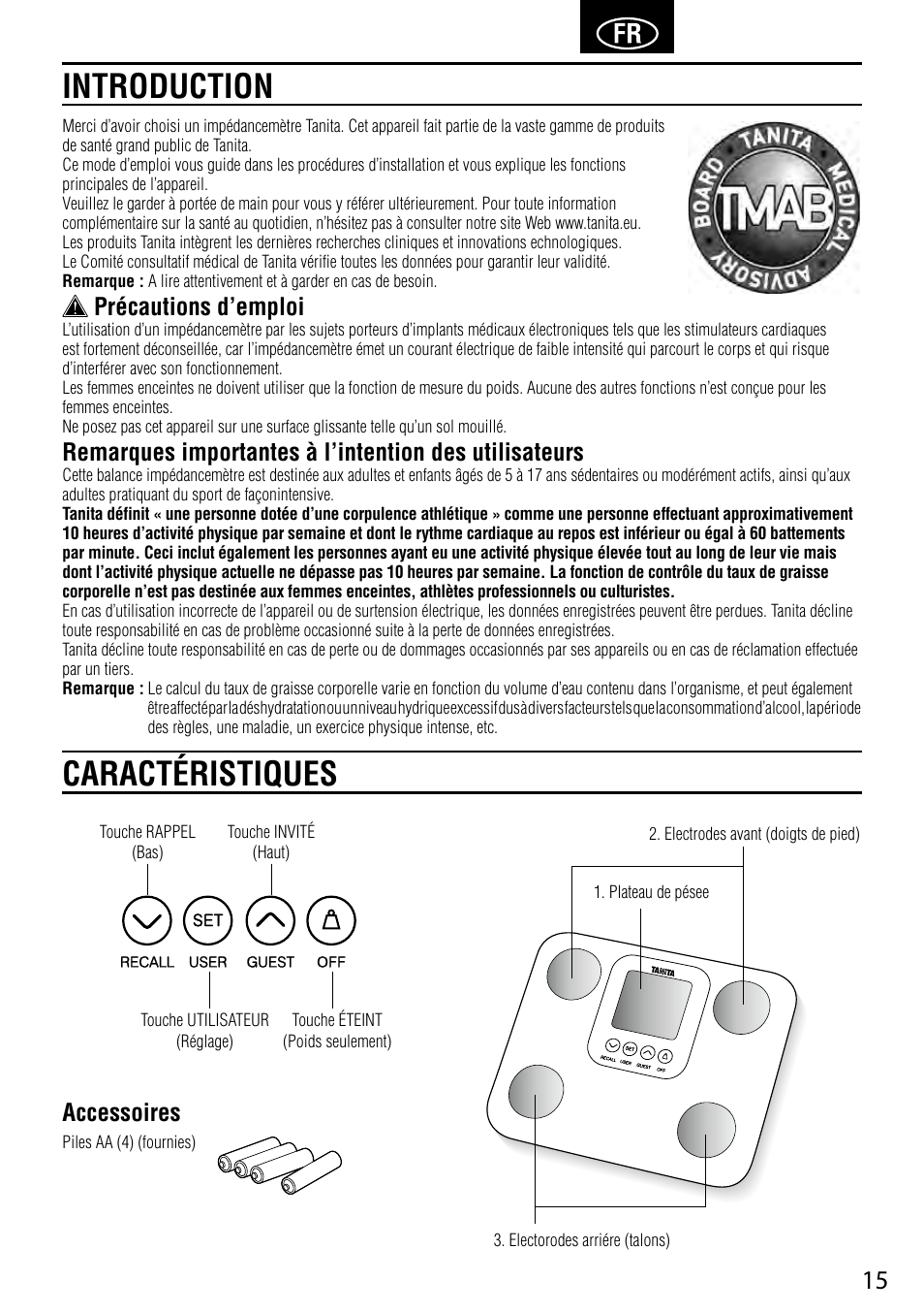 Introduction caractéristiques, Précautions d’emploi, Accessoires | Tanita BC-730 User Manual | Page 17 / 52