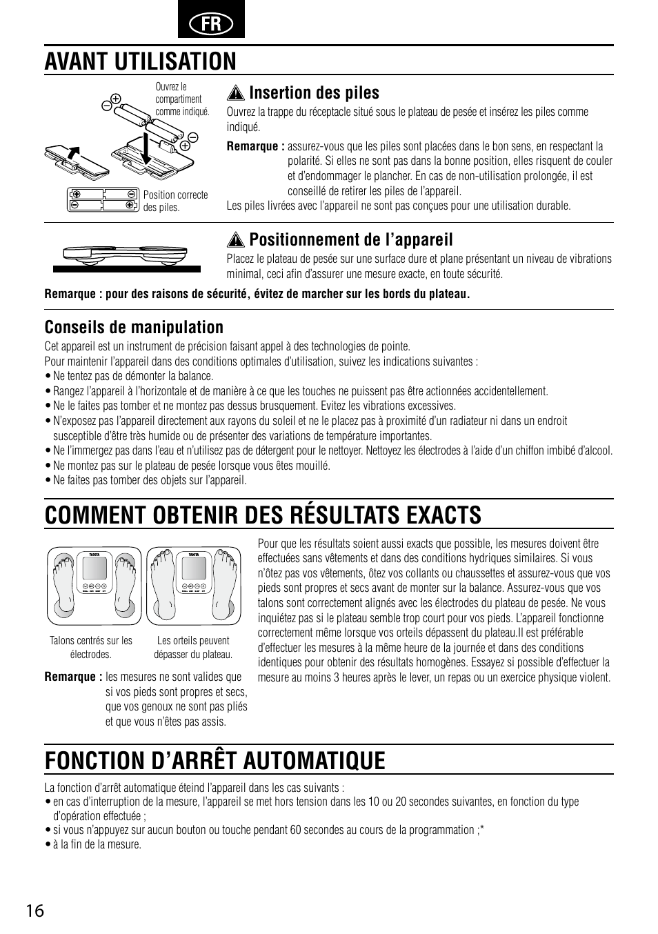 Conseils de manipulation, Insertion des piles, Positionnement de l’appareil | Tanita BC-730 User Manual | Page 18 / 52