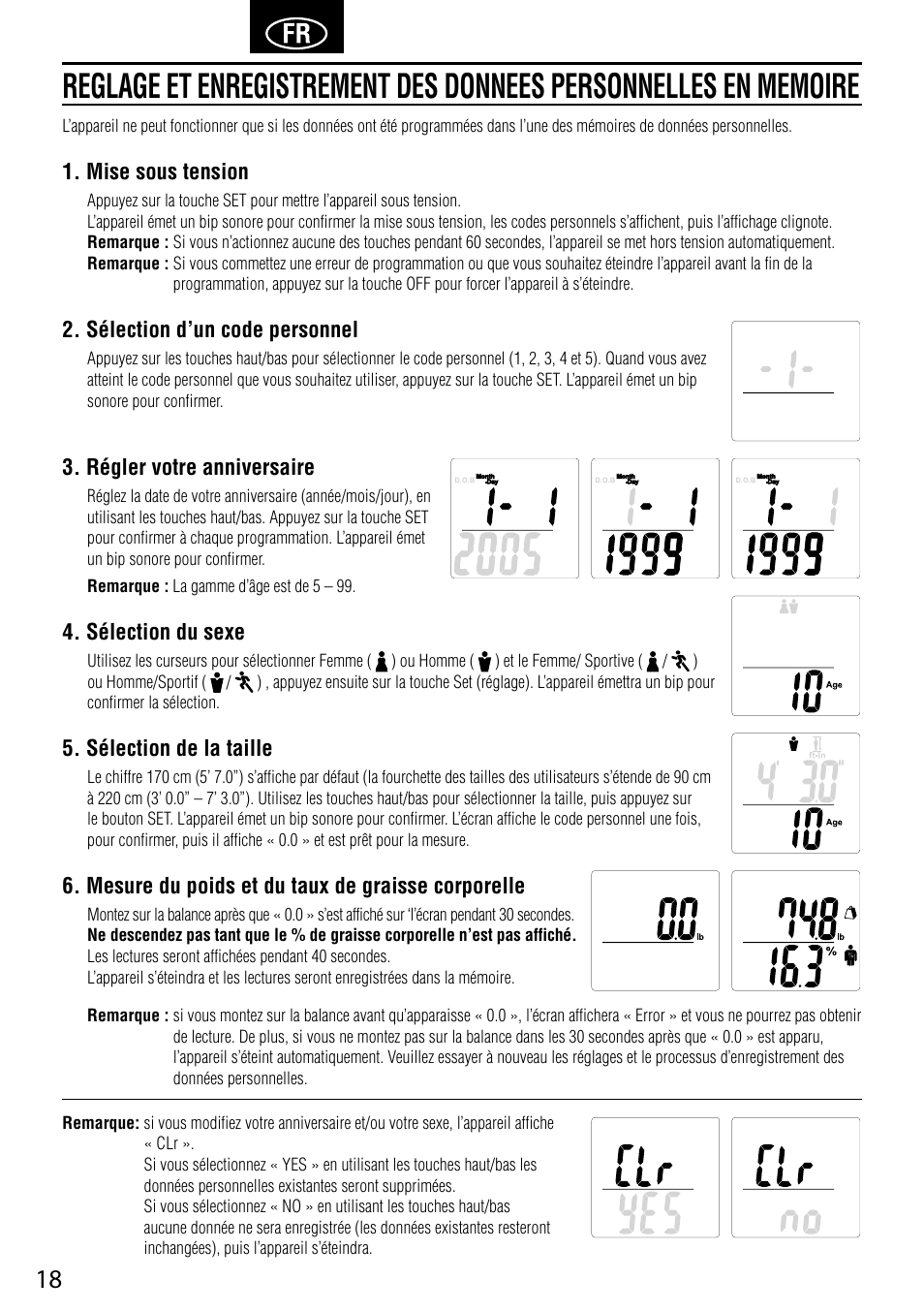 Mise sous tension, Sélection d’un code personnel, Régler votre anniversaire | Sélection du sexe, Sélection de la taille, Mesure du poids et du taux de graisse corporelle | Tanita BC-730 User Manual | Page 20 / 52