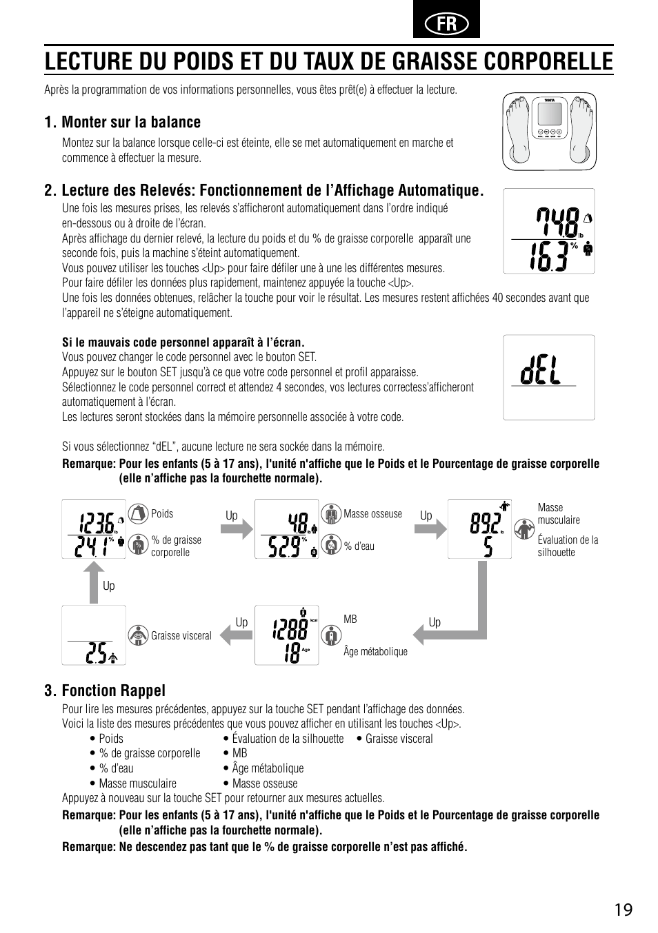 Lecture du poids et du taux de graisse corporelle, Monter sur la balance, Fonction rappel | Tanita BC-730 User Manual | Page 21 / 52