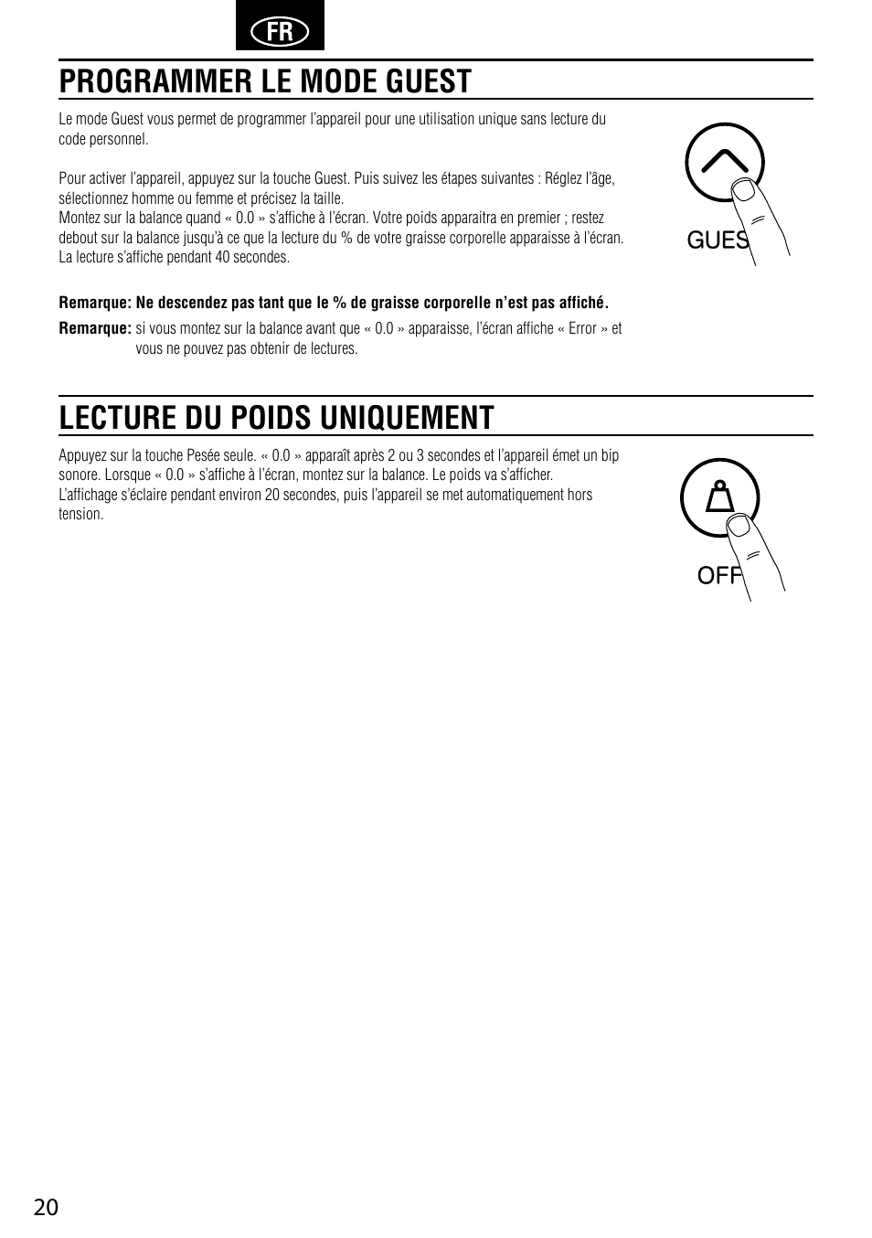 Programmer le mode guest, Lecture du poids uniquement | Tanita BC-730 User Manual | Page 22 / 52