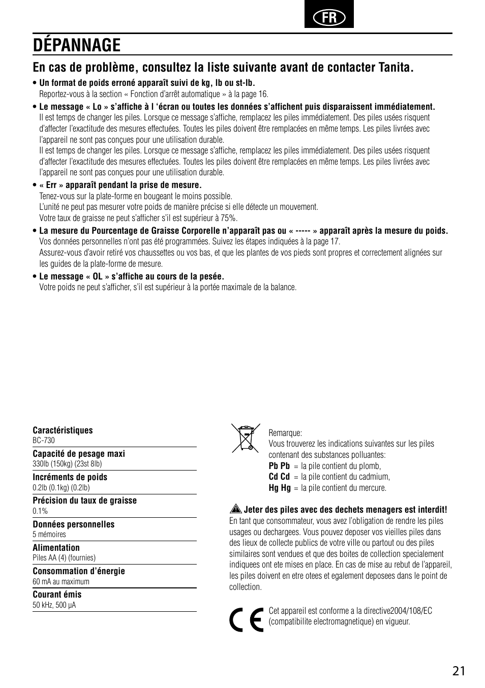 Dépannage | Tanita BC-730 User Manual | Page 23 / 52