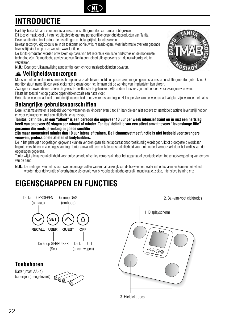 Introductie eigenschappen en functies, Veiligheidsvoorzorgen, Belangrijke gebruiksvoorschriften | Toebehoren | Tanita BC-730 User Manual | Page 24 / 52