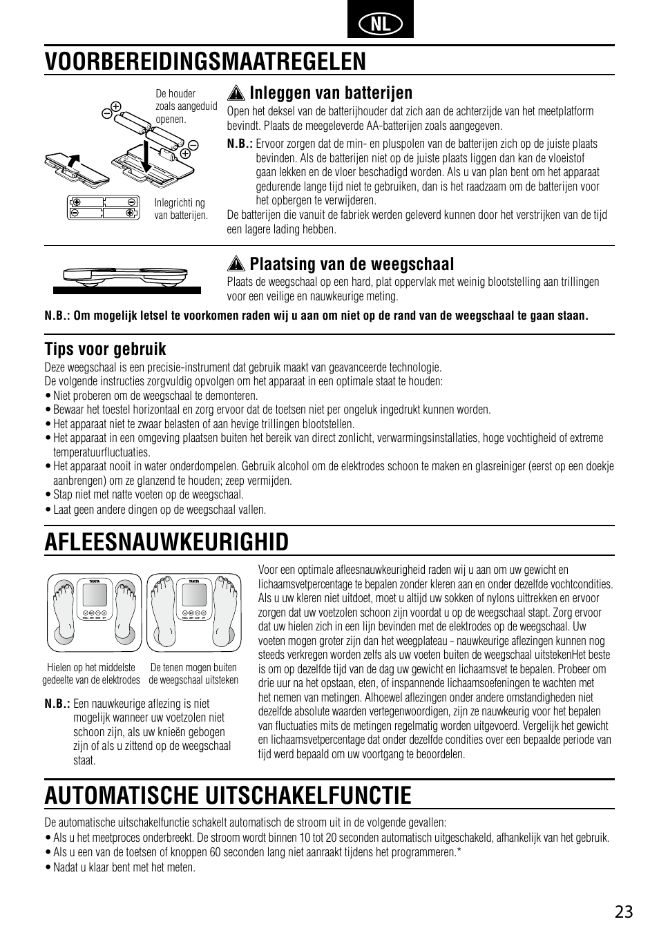 Tips voor gebruik, Inleggen van batterijen, Plaatsing van de weegschaal | Tanita BC-730 User Manual | Page 25 / 52